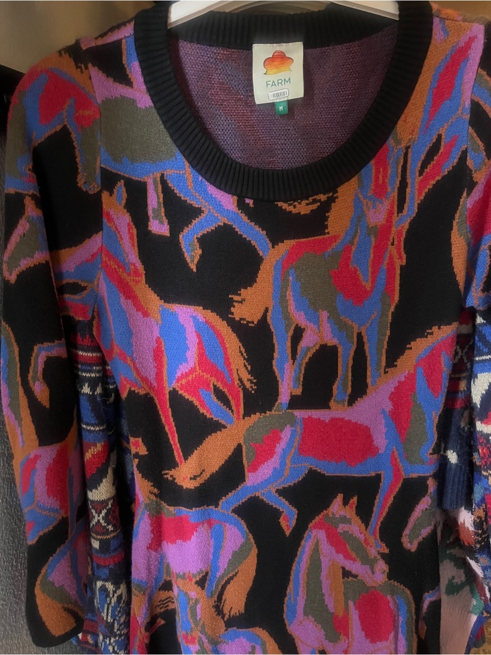 Farm Rio maxi long sleeve sweater dress with colorful horse print, keyhole back